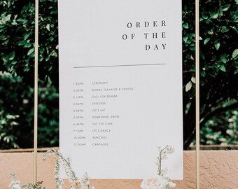 White order of the day wedding sign instant download digital corjl template chic contemporay minimal wedding stationery in UK/US sizes