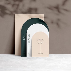 May include: A set of three cards with rounded edges and a modern design. The top card is peach colored with the text "We really can't wait to celebrate" and the date "30.08.2024". The middle card is white with the text "The Details" and the bottom card is dark green with the text "B&K".