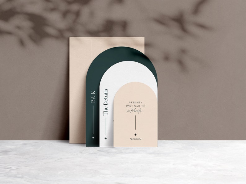 May include: A set of three cards with rounded edges and a modern design. The top card is peach colored with the text "We really can't wait to celebrate" and the date "30.08.2024". The middle card is white with the text "The Details" and the bottom card is dark green with the text "B&K".