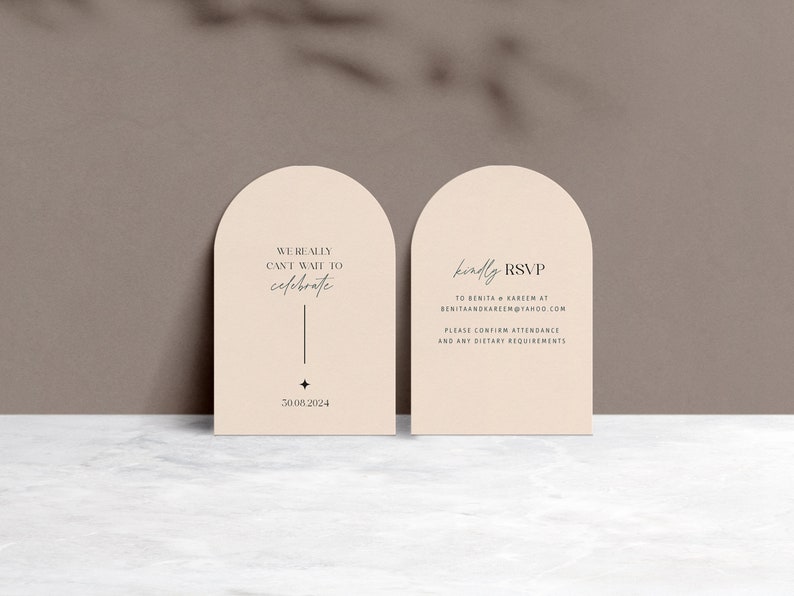 May include: Two peach-colored arched cards with rounded tops. The left card has the text "WE REALLY CANT WAIT TO celebrate" and the date "30.08.2024". The right card has the text "kindly RSVP TO BERITA & KAREEM AT BENITAANDKAREEN@YAHOO.COM PLEASE CONFIRM ATTENDANCE AND ANY DIETARY REQUIREMENTS".