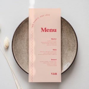 Bogen Hochzeitsmenü sofortiger Download bearbeitbare digitale Vorlage UK / US 5x7 lebendige, helle, moderne druckbare Schreibwaren in rosa / rot