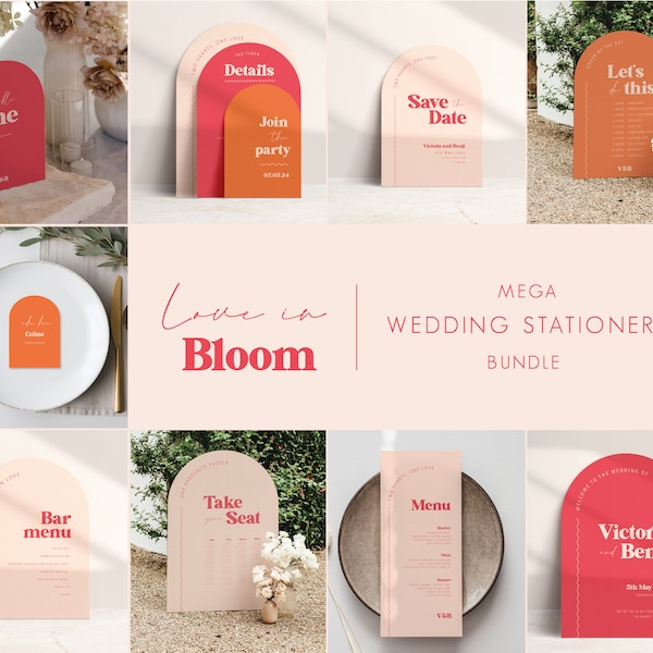 Wedding stationery arch bundle MEGA instant download editable digital template pink red orange modern vibrant fun colourful collection