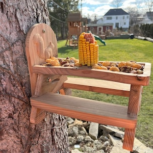 Carved Cedar Squirrel Picnic Table - Assembled - Squirrel/Bird Ground Feeder - Fence Picnic Table for Squirrels - Squirrel Gift