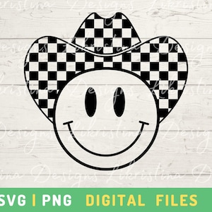 May include: A black and white smiley face wearing a cowboy hat with a checkered pattern. The image includes the text "SVG | PNG DIGITAL FILES" in a green banner.