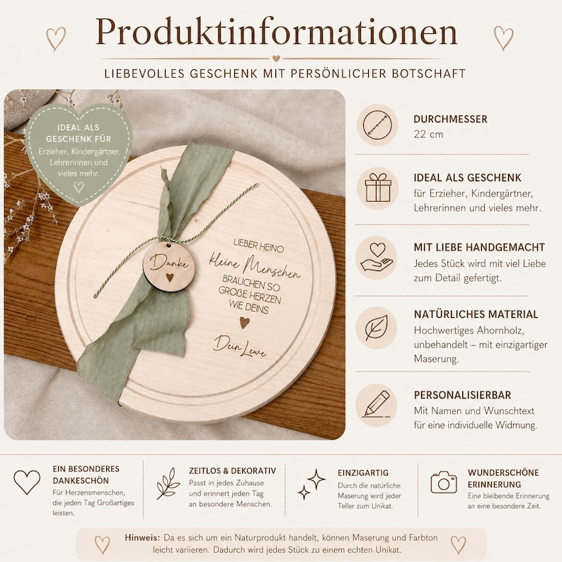 May include: A round wooden plaque with a diameter of 22 cm, featuring the text "Danke" and a green ribbon. The plaque is engraved with German text and is designed as a gift.