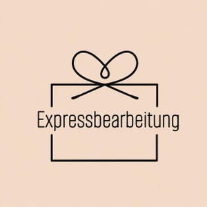 Könnte beinhalten: Eine schwarze Strichzeichnung einer Geschenkbox mit einer Schleife oben und dem deutschen Wort "Expressbearbeitung" im Inneren. Der Hintergrund ist einfarbig hellbeige.