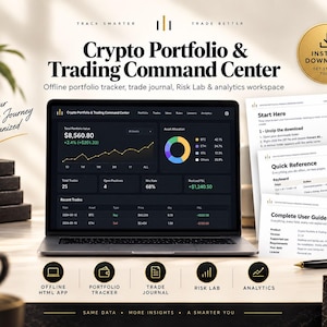 May include: A digital crypto portfolio and trading command center displayed on a laptop screen, featuring a dashboard with asset allocation, trade history, and performance metrics, accompanied by printed user guides and a gold instant download badge.