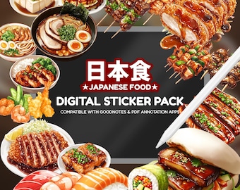 May include: A digital sticker pack featuring a variety of Japanese food illustrations, including sushi, ramen, and skewers. The text "Japanese Food" is displayed in both Japanese and English. The pack is compatible with Goodnotes and PDF annotation apps.