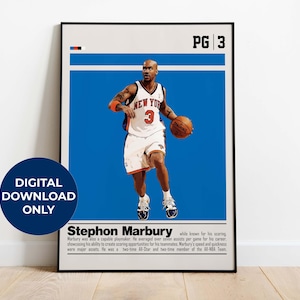 May include: A digital download of a vintage-style basketball card featuring Stephon Marbury, a former NBA player. The card is blue with white and red accents. Marbury is wearing a New York Knicks jersey with the number 3. The card includes the text "PG 3" and a short biography of Marbury.