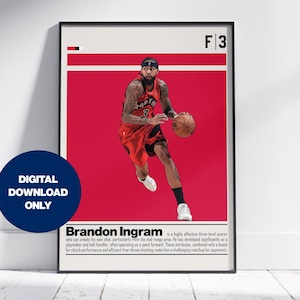 May include: A framed poster featuring basketball player Brandon Ingram in a red uniform, dribbling a basketball against a red background. The poster includes the text "DIGITAL DOWNLOAD ONLY" and player information.