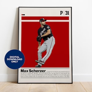 Poster digitale di Max Scherzer per tifosi sportivi, arte murale per appassionati di baseball, decorazioni sportive moderne per camera da letto e ufficio, arte murale digitale