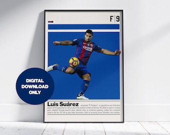 Luis Suarez Plakat Cyfrowe Pobieranie | Wydrukowalna Sztuka Ścienna Dla Fanów Piłki Nożnej | Dekoracja Mid Century Modern do Sypialni i Biura Prezent Dla Fana Sportu
