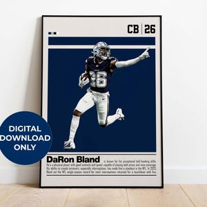 May include: A digital download poster featuring a football player in a blue uniform with the number 26 on it. The poster has a white background with the text "CB 26 DaRon Bland" and a description of the player's skills.
