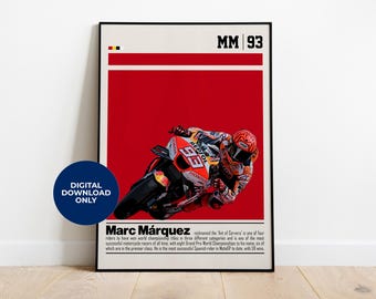 マルク・マルケス ポスター デジタルダウンロード | MotoGPファンのための印刷可能なウォールアート | 寝室やオフィスに最適なミッドセンチュリーモダンインテリア スポーツファンへのギフト