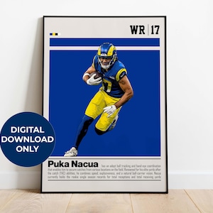 May include: A digital download poster featuring a football player in a blue and yellow uniform, holding a football. The poster has a blue background with white text that reads "WR 17" and "Puka Nacua". The text below the player's image describes his skills and accomplishments.