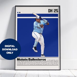 May include: A framed poster featuring a baseball player in a light blue uniform, poised to swing a bat. The background is a vibrant blue, with the text "DH 25" at the top. A circular graphic reads "DIGITAL DOWNLOAD ONLY".