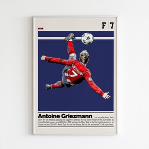 May include: A digital illustration of a soccer player in mid-air, kicking a soccer ball. The player is wearing a red and white jersey with the number 7 on it. The background is a dark blue color. The text "F/7" and "Antoine Griezmann" is included in the image.