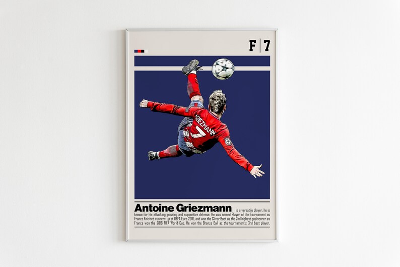 May include: A digital illustration of a soccer player in mid-air, kicking a soccer ball. The player is wearing a red and white jersey with the number 7 on it. The background is a dark blue color. The text "F/7" and "Antoine Griezmann" is included in the image.