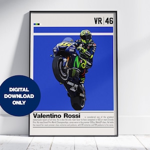 Download digitale del poster di Valentino Rossi / Stampa artistica da parete per i fan della MotoGP / Decorazione moderna di metà secolo per camera da letto e ufficio, regalo per i fan dello sport
