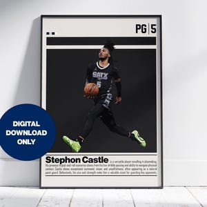 May include: Black and white basketball poster featuring Stephon Castle, a basketball player in a black jersey with the text "SATX 5" on the front, holding a basketball. The poster has the text "PG | 5" in the top right corner and a short biography of Stephon Castle below the image.