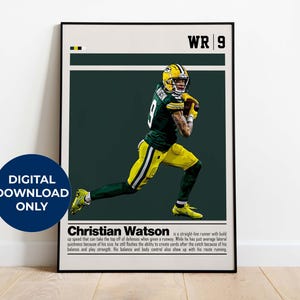 May include: A retro-style poster featuring a football player in a green and yellow uniform, holding a football. The poster has a white background with black text that reads "WR 9" and "Christian Watson".