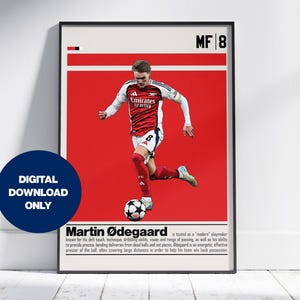 May include: A red and white poster with a photo of a soccer player in a red and white uniform. The poster has the text "MF 8" in the top right corner and "Martin Ødegaard" in the bottom left corner. The text below the player's name reads "is touted as a "modern" player, known for his deft touch, technique, dribbling vision and range of passing, as well as his ability to provide precise, bending deliveries from dead balls, cut and cross. Ødegaard is an energetic, effective presser of the ball, often covering large distances in order to help his team win back possession."