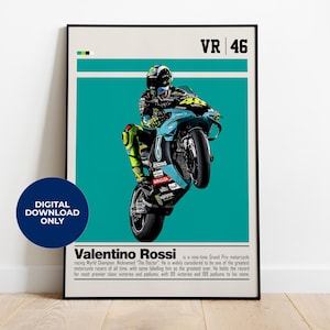 Póster de Valentino Rossi para descargar digitalmente/arte de pared imprimible para fanáticos de MotoGP/decoración moderna de mediados de siglo para dormitorio y oficina, regalo para fanáticos de los deportes