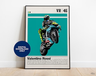 ヴァレンティーノ・ロッシ ポスター デジタルダウンロード | MotoGPファンのための印刷可能なウォールアート | 寝室やオフィスに最適なミッドセンチュリーモダンインテリア スポーツファンへのギフト