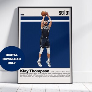 May include: A digital download poster featuring a basketball player in a blue and white uniform, shooting a basketball. The poster has a blue background with white text that reads "Klay Thompson" and a description of his basketball skills. The poster also includes the text "SG 31" in the top right corner.