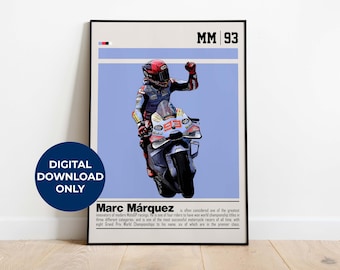 Puede incluir: Un póster de descarga digital con una foto de Marc Márquez, un piloto profesional de motociclismo, conduciendo una motocicleta. El póster tiene un fondo azul con texto blanco que dice "MM 93" y "Marc Márquez". El texto debajo de la foto describe a Márquez como uno de los mayores innovadores de las carreras de carretera modernas.