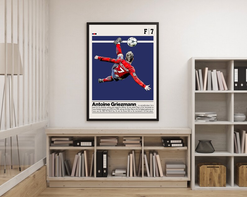 May include: A poster featuring a blue and white background with a photo of a soccer player in mid-air kicking a soccer ball. The poster has the text "F7" and "Antoine Griezmann" on it.