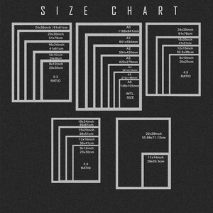 May include: A chart showing different sizes of paper and their corresponding measurements in inches and centimeters. The chart is labeled "SIZE CHART" and includes international paper sizes like A0, A1, A2, A3, A4, A5, and A6. The chart also includes the ratio of the paper sizes.