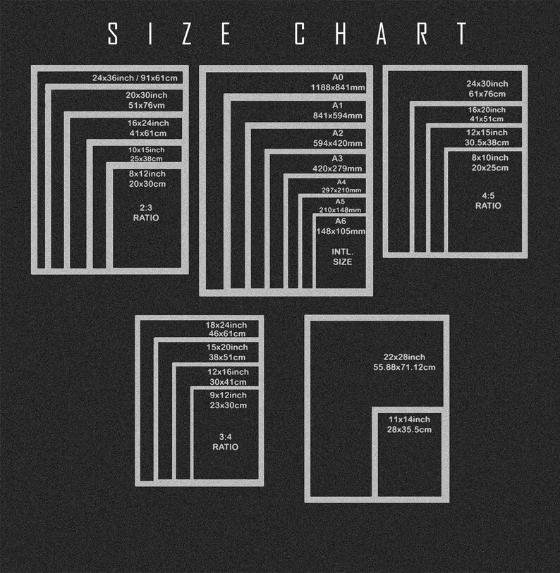 May include: A chart showing different sizes of paper and their corresponding measurements in inches and centimeters. The chart is labeled "SIZE CHART" and includes international paper sizes like A0, A1, A2, A3, A4, A5, and A6. The chart also includes the ratio of the paper sizes.