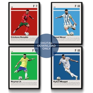 Messi Ronaldo Neymar Mbappe Poster Set of 4 Digital Wall Art for Sports Fan Modern Sports Decor for Bedroom and Office Poster for Soccer Fan