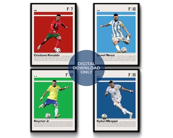Messi Ronaldo Neymar Mbappe Poster Set of 4 Digital Wall Art for Sports Fan Modern Sports Decor for Bedroom and Office Poster for Soccer Fan