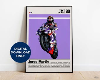 May include: A purple and white poster with a photo of a motorcycle racer on a purple background. The text "JM | 89" is at the top of the poster. The text "Jorge Martin" is at the bottom of the poster. The text "nicknamed the "Martinator" is known for his aggressive and fearless riding style. He is willing to push his limits and engage in close battles on the track, making him an exciting rider to watch. He is best known for winning the 2018 Moto3 World Championship with Gresini Racing, and was also the 2014 Red Bull MotoGP Rookies Cup champion." is below the photo.