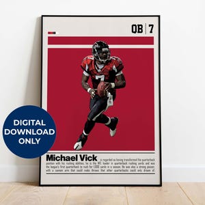 May include: A red and white poster with a photo of Michael Vick, a football player wearing a red and black jersey, running with the ball. The poster has the text "OB 7" in the top right corner and a biography of Michael Vick below the photo.