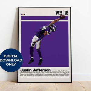 Affiche numérique de Justin Jefferson pour fan de sport, art mural pour fan de football, décoration de sport moderne pour chambre et bureau, art mural numérique