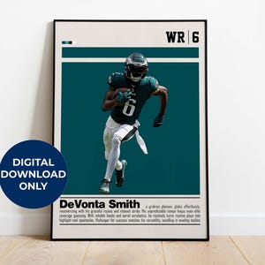 May include: A digital download of a vintage-style football player poster featuring DeVonta Smith, a wide receiver for the Philadelphia Eagles. The poster is green and white with the player's number 6 and the text "WR 6" at the top.