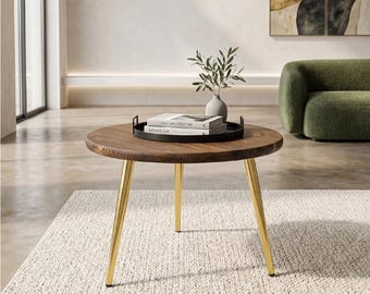 Ręcznie robiony okrągły stolik kawowy | Lita sosna, złote nogi, styl mid-century modern