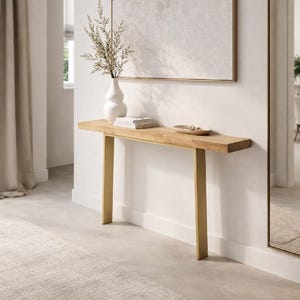 Console en Chêne Massif Fait Main avec Pieds Dorés | Hauteur 77 cm | Profondeur 14,5 cm | Choisissez votre largeur ci-dessous