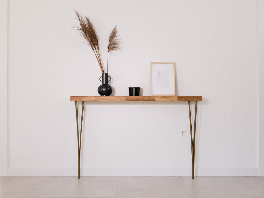 Solid Oak Console Table With Gold Legs – Narrow Entryway Table | Height ...