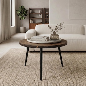 Tavolino da caffè rotondo in legno fatto a mano / Base in metallo Scandi Boho