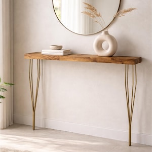 Handgemaakte Massief Eiken Console Tafel met Gouden Metalen Poten | Hoogte 77 cm | Diepte 14,5 cm | Kies uw breedte hieronder