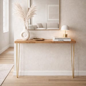 Console en Chêne Massif Fait Main avec Pieds Hairpin Dorés. Hauteur 77 cm. | Profondeur 14,5 cm. | Choisissez votre largeur ci-dessous