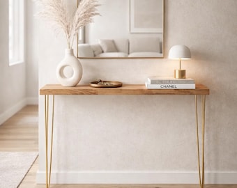 Console en Chêne Massif Fait Main avec Pieds Hairpin Dorés. Hauteur 77 cm. | Profondeur 14,5 cm. | Choisissez votre largeur ci-dessous
