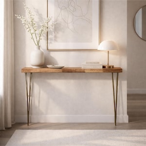Handgemaakte massief eikenhouten consoletafel: smalle tafel bij de ingang met gouden poten