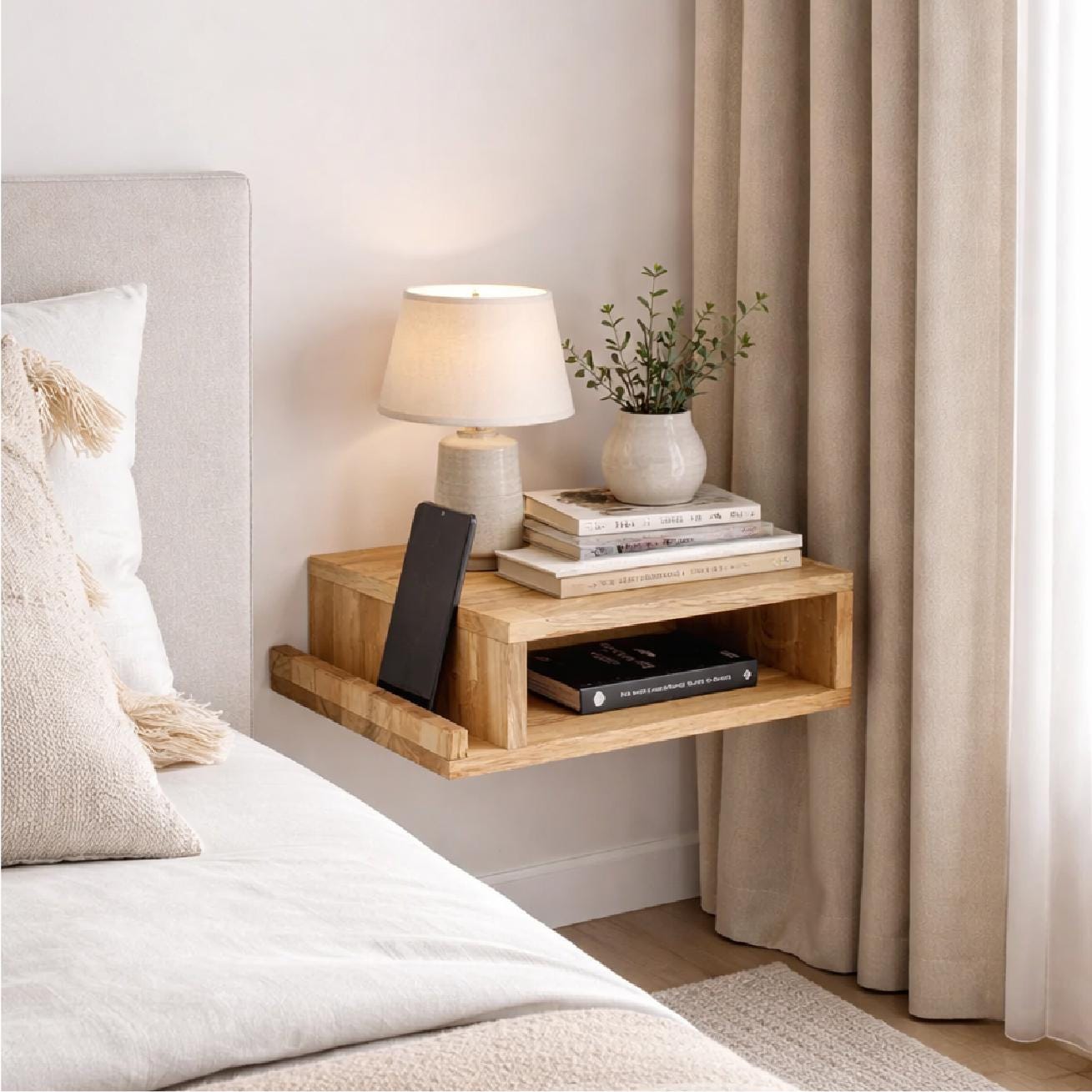Handcrafted Solid Oak Floating Nightstand: Wall-mounted Bedside