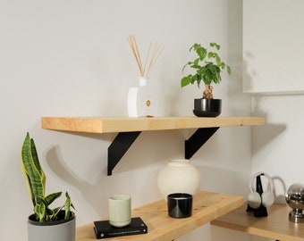 Étagère en bois massif de style rustique avec supports en acier noir | Fabriqué à la main | 30 profondeur x 4 cm d'épaisseur