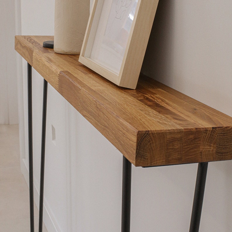 Table console en chêne massif fait main avec design moderne Hauteur 77 cm Profondeur 14,5 cm Largeur 30 120 cm image 3